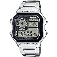 Casio World Time AE-1200WHD-1AV Men's Digital Watch, Metal Band, Silver, Bracelet Type