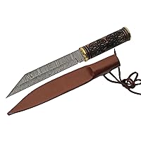 13.5” Engraved Celtic Handle Damascus Steel Reverse Tanto Seax Knife With Leather Sheath, Brown (DM-1299)