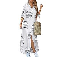 GRASWE Women's V Neck Button Down Dress Loose Maxi Dresses Casual Long Sleeve Tshirts Dresses with Pockets