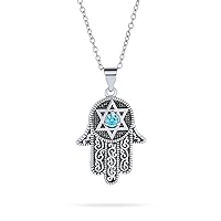 Bling Jewelry Hanukkah Judaic Magen Hamsa Hand Of God Star Of David Pendant Necklace Blue Cubic Zirconia CZ For Women Black Oxidized Silver Plated