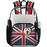 The UK Flag Dog Head Clear Backpack Heavy Duty Transparent Bookbag for Women Men See Through PVC Backpack for Security, Work, Sports, Stadium