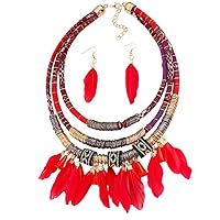 Women's Jewelry Set Ethnic Gold Multilayer Feather Tassel Bohemian Necklace Earrings Red