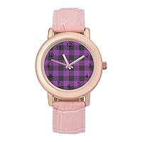 Purple Plaid Checked Womens Watch Round Printed Dial Pink Leather Band Fashion Wrist Watches
