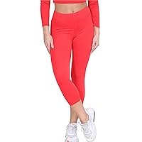 New Womens Plain Stretchy 3/4 Leggings Workout Tight Cropped Capri Active Pants Red