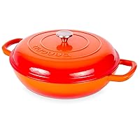 Shallow Cast Iron Casserole with Lid – Non Stick Dutch Oven Pot, Oven Safe up to 500° F – Sturdy Ovenproof Stockpot Cookware – Enamelled Cooking Pot – Orange, 5-Quart, 32cm – by Nuovva