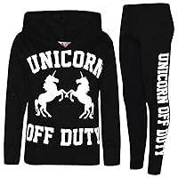 Girls Unicorn Off Duty Printed Black Hooded Crop Top & Legging Set Kids Active Wear 7-13 Years