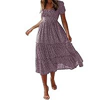 Womens Casual Loose Floral Lace Dresses Tie Side Short Sleeve Long Maxi 2024 Summer Fit & Flare Dresses