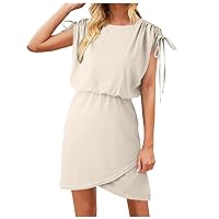White Dress,2024 Summer Dress Drawstring Cap Sleeve Crew Neck Wrap Bodycon Dresses Mini Short Dress Womens Cas