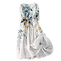 Floral Dress Women's Vintage Lapel Button Three Quarter Sleeves Strappy Up, S XXXL