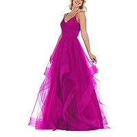 V Neck Glitter Tulle Prom Dresses 2021 Long Spaghetti Straps Tiered Evening Ball Gown Fuchsia