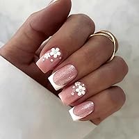 24 Pcs French Press on Nails Medium Square 3D Flower Fake Nails French Tip False Nails with White Flower Luxury Rhinestone Glitter Nail Design Full Cover Acrylic Nails Glue on Nails for Women