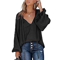 Women's Casual Basic Drawstring V Neck Tops Baggy Lantern Long Sleeve Shirt Oversized Solid Color Tunic Blouses