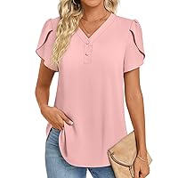 HOTGIFT Womens 2024 Summer Tunic Tops Casual Short Sleeve V Neck Blouse Buttons Chiffon Tshirts for Leggings Soft Comfy