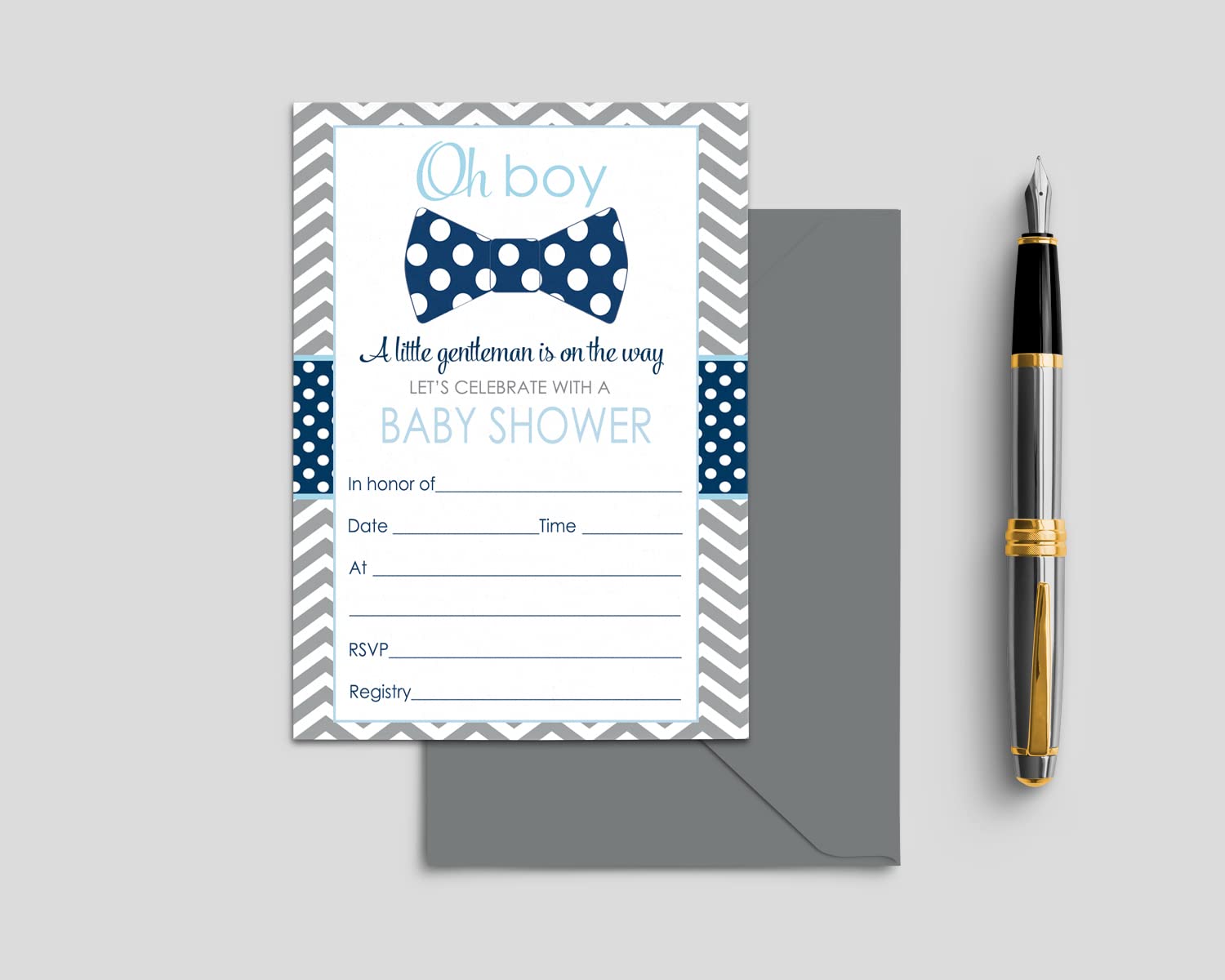 Bow Tie Baby Shower Invitations with Envelopes (15 Pack) Blank Invites for Boys Parties - Little Man Theme Blue and Grey – Blank Invite to Handwrite Custom Details - 4x6 Printed Card Set