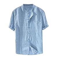 Mens Cotton Linen Short Sleeve Shirts Baggy Button Down T-Shirt for Men Casual Summer Shirt Trendy Beach Tees