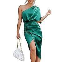 ANRABESS Women Satin One Shoulder Short Sleeve Ruched Bodycon Wrap Cocktail Party Midi Dress
