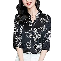 Summer Women's White Black Shirt V-Neck Print Shirts Blouses Women Loose Tops Real Silk Woman Satin Blouse