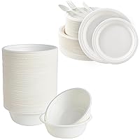 ECOLipak 150 Pack 12oz Compostable Bowls and 350 Pack Paper Plates Set include-9 Inch and 7 Inch Plates & Eco Friendly CPLA Forks, Knives and Spoons