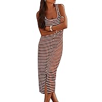 Sleeveless Dress for Women U Neck Button Down Striped Tank Dress Summer Beach Sundresses Bodycon Racerback Long Dress