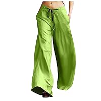 Women's Summer Straight Wide Leg Pants Drawstring Button Down Trousers Loose Fit Comfy Vintage Flowy Palazzo Pants