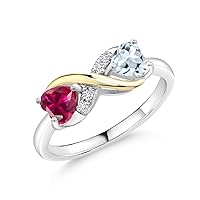 Gem Stone King 925 Sterling Silver and 10K Yellow Gold Red Created Ruby Sky Blue Aquamarine and White Lab Grown Diamond Ring For Women (1.06 Cttw, Gemstone Birthstone, 5MM Heart Shape)