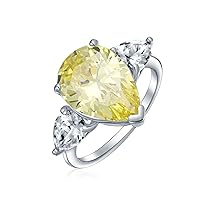 Bling Jewelry Bridal Wedding 7CT Canary Yellow AAA CZ Pear Shaped Brilliant Cut Solitaire Teardrop Statement Engagement Ring Thin Band .925 Sterling Silver Cubic Zirconia Trillion Side Stones