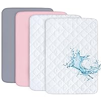 Biloban Pack n Play Sheets and Waterproof Mattress Protector, Grey&Pink, Breathable, Washable, Water Proof, 4 Pack