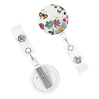 Retractable Badge Holder Cute Nursing Badge Reel Heavy Duty Badge Clip with Keychain Cartoon Butterfly Flowers ID Card Holders Clip-on Name Badge Tag for Office Worker Doctor Nurse Teacher