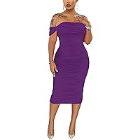 Women's Sexy Off Shoulder Sleeveless Bodycon Ruched Midi Elegant Cocktail Evening Party Night Tube Dresses