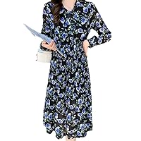 Peony Print Chiffon Dress High Waist Spring Korean Puff Sleeve Bow Middle Calf Pleated Dress Women