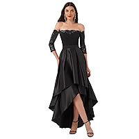 YiZYiF Women's Off Shoulder Lace Dress Ladies Evening Gown Satin Formal Hi Lo Wedding Guest Dress with Built-in Bra