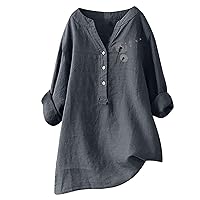 Womens Cotton Linen Shirts Plus Size Button Up Casual Blouses Summer V Neck Print Long Sleeve Tops Loose Fit Tunic