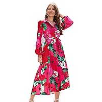 Exclusive Women Maxi Dress Red Floral Printed Single Breasting Long Sleeve Winter Midi Boho Dress