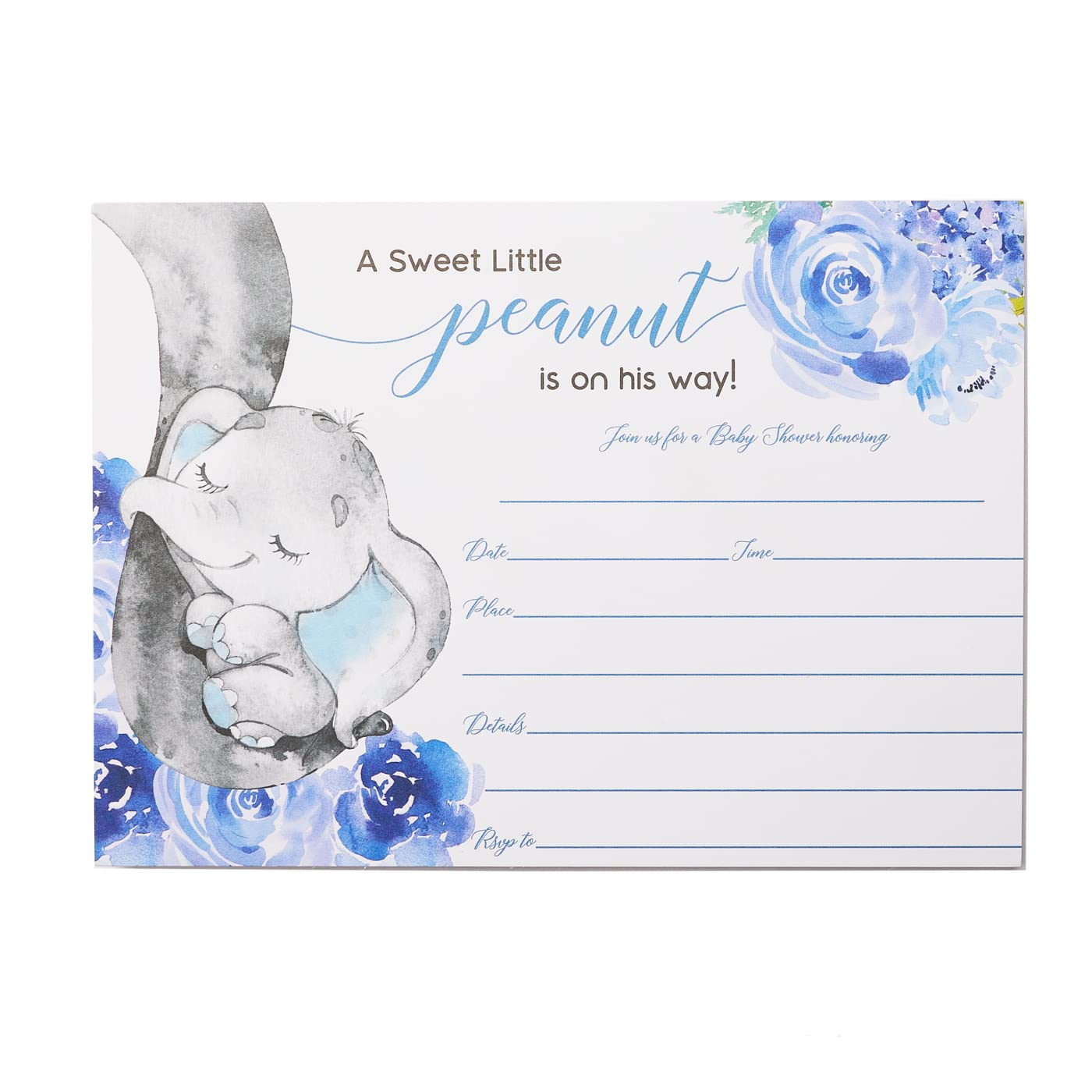 25 Elephant Jungle Baby Shower Invitations and Envelopes (Large Size 5X7 INCHES), 25 Diaper Raffle Tickets, 25 Baby Shower Book Request Cards, Floral Blue Elephant Animal Invites for Boy Baby Showers