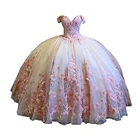 Romantic Blush Flowers Champagne Tulle Off Shoulder Ball Gown Quinceanera Evening Dresses for Women Girls Charro 2024