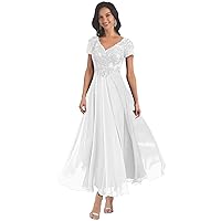 Short Sleeve Mother of The Bride Dresses Tea Length for Women Lace Chiffon Wedding Evening Party Gown
