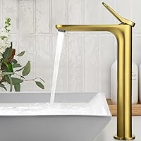Brushed Gold 12 Inch Tall Bathroom Vessel Faucets | Modern Single Hole Gold Faucets for Bathroom Vanity | 22° Curve Single Handle Vessel Sink Faucet Gold Solid Brass Bathroom Vanity Faucet