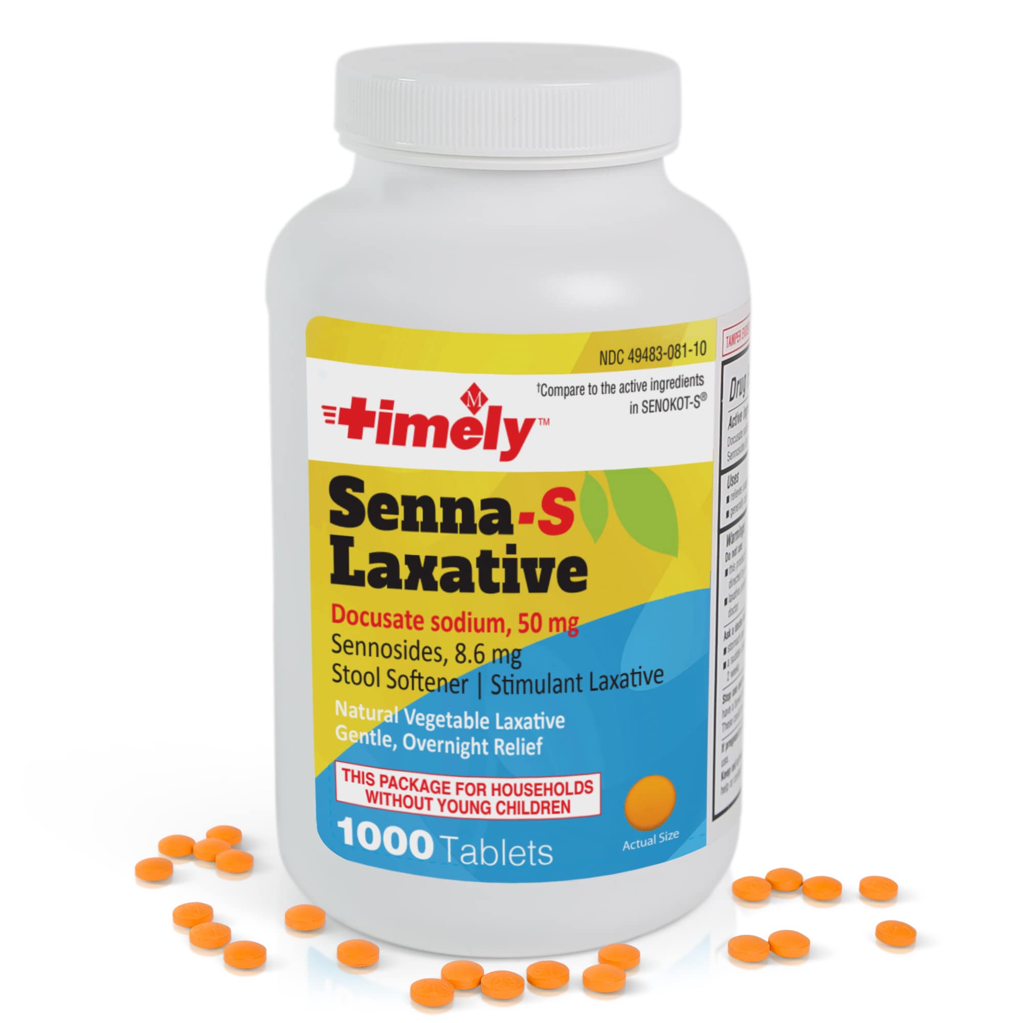 Timely by Time Cap Labs - Senna S Laxative - 1000 Count Tablets - Compared to The Active Ingredients in Senokot-S - Natural Vegetable Based Laxative for Constipation Relief - Gentle Overnight Relief