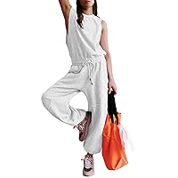 Kissonic Women's Casual Jumpsuits Sleeveless Loose One Piece Outfits Drawstring Crewneck Onesie with Pockets