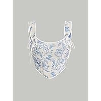Floral Print Knot Front Cami Top (Color : Blue and White, Size : Medium)