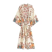 Rayon Floral Print Loose Batwing Sleeve Casual Bohemian Kimono Robes Cotton Cover Ups Hippie Robes Dress