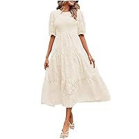 Women's Casual Tiered Dress Chiffon Round Neck Dress Lantern Sleeve Ruffle Midi Dress A-Line Tea Dresses Flowy Beach Sundress