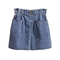 Women's Summer Plus Size Elastic Waist Loose Slim Blue Hip A-Line Pocket Denim Short Skirt