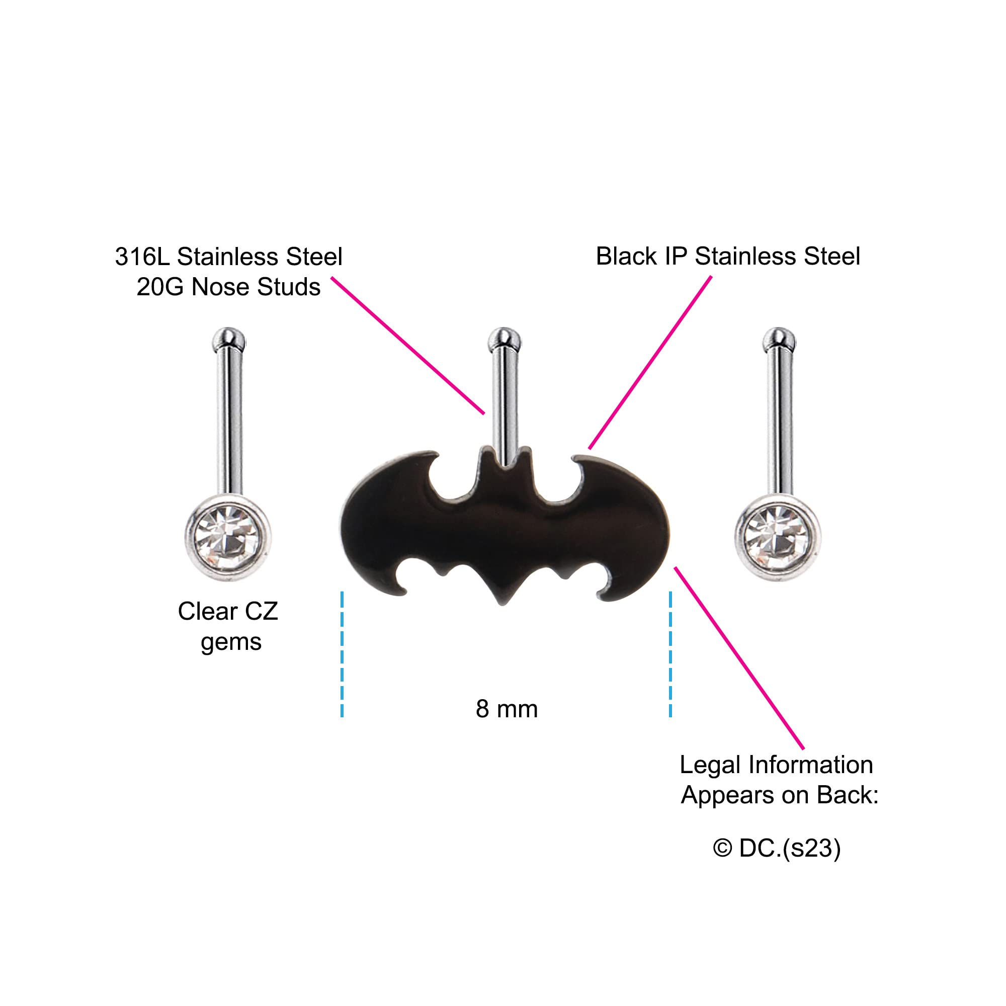 DC Comics Officially Licensed Unisex Batman Logo and Cleaz CZ Nose Bone Body Piercing Jewelry-20 gauge (3 piece set), Silver/Black, One Size