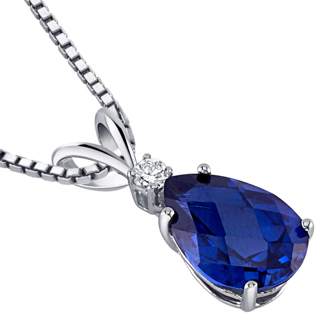Peora Solid 14K White Gold Created Blue Sapphire with Genuine Diamond Pendant for Women, Elegant Teardrop Solitaire, 2.45 Carats Pear Shape 10x7mm