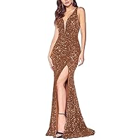 Women's Brown Mermaid Prom Dress Long 2022 Sparkly Bodycon Sexy Evening Formal Prom Dress with Slit LNL085