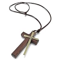Men's Alloy Leather Wood Pendant Necklace Gold Tone Brown Cross Ring Adjustable Useful and Attractive