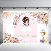 MEHOFOND 7x5ft Boho Mi Primera Comunión Backdrop for Girl First Holy Communion Christening Party Decorations God Bless Bridal Shower Pink Florals Supplies Banner Background Photo Booth Props
