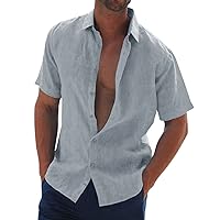Men's Cotton Linen Shirt Short Sleeve Button Down Hippie Beach Shirts Casual Summer Solid Color Camp Shirt