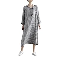 Women's Cotton and Linen Casual O Neck Check Print Cheongsam Dress Retro Chinese Style Loose Long Dress